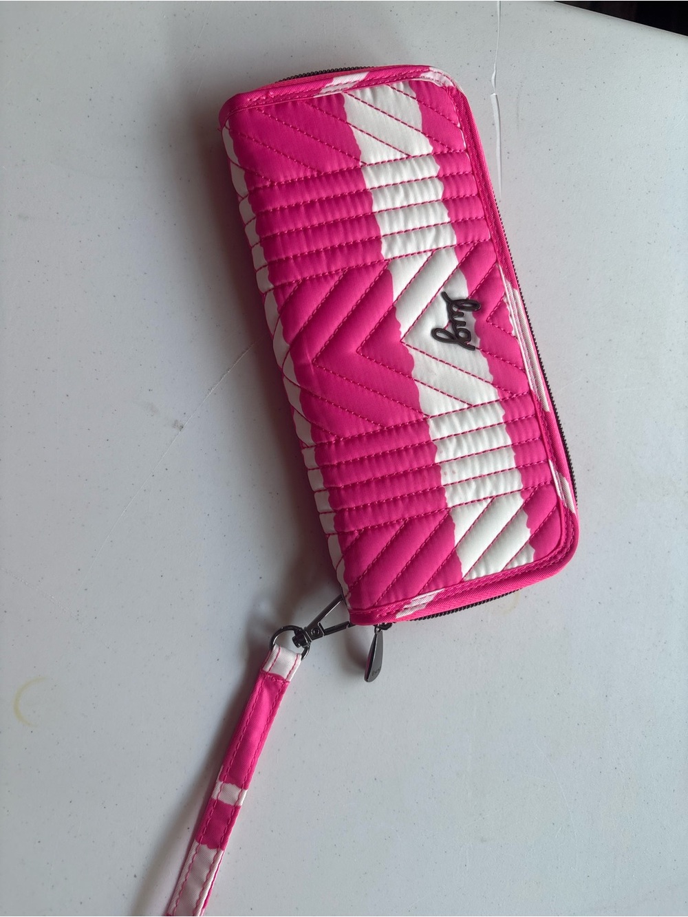 Lug Pink and White Quilted Zip Wallet with Wristlet Strap - Picture 1 of 7